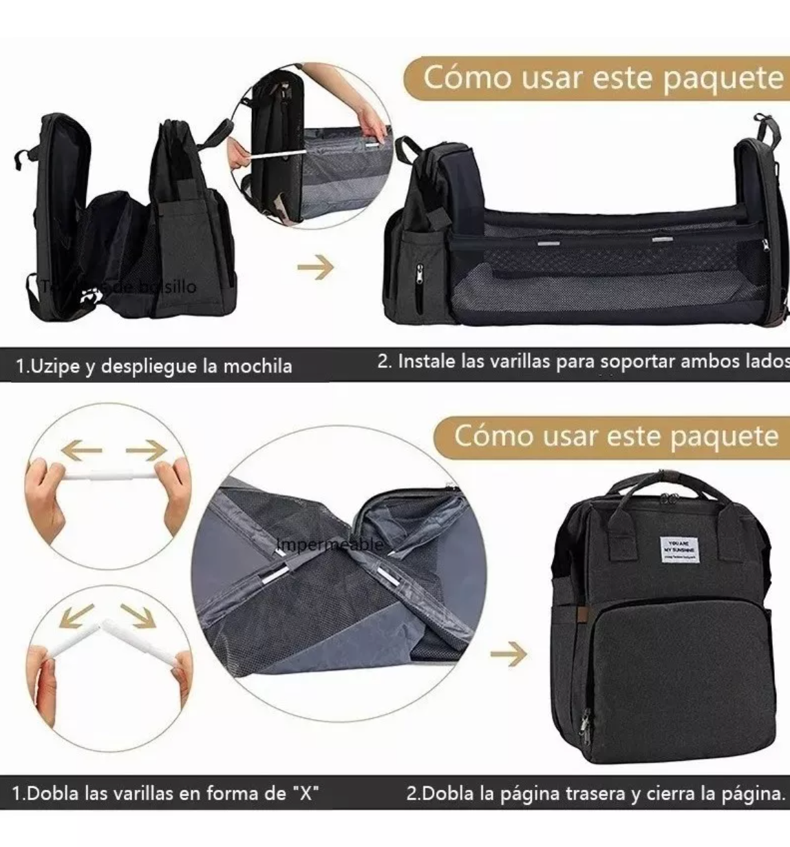 Mochila Pañalera 3 en 1 USB Negro